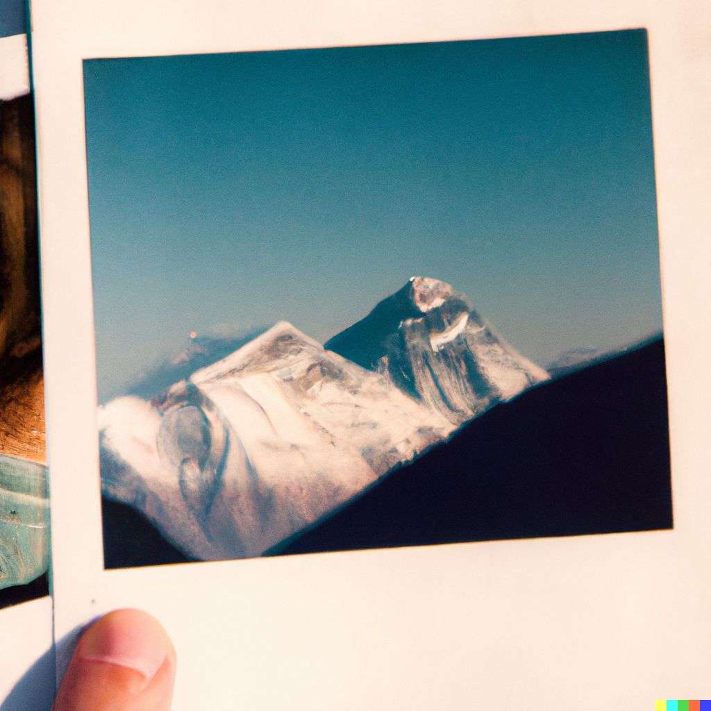 someone gazing at Mount Everest, photograph, Polaroid